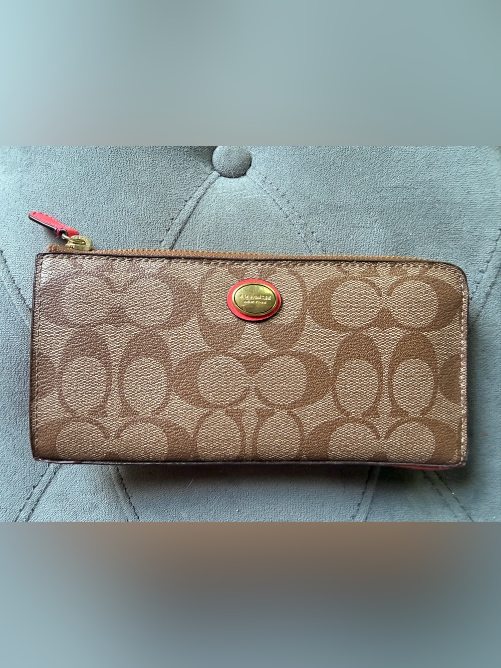 Coach Signature Accordion Wallet in Brown with Pink Trim